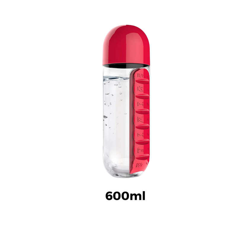 Plastikwasserflasche mit Pillendose