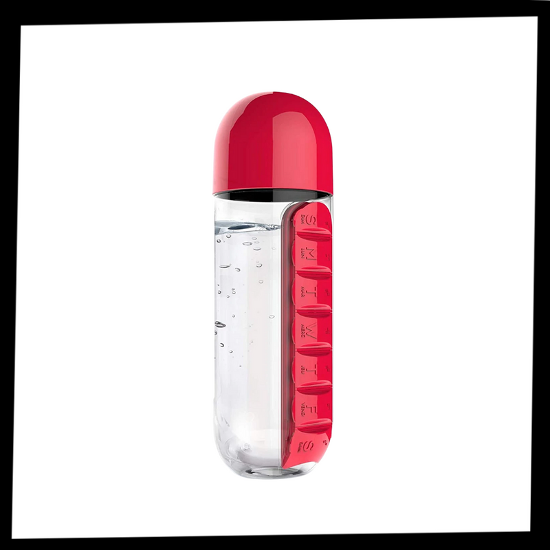 Plastikwasserflasche mit Pillendose
