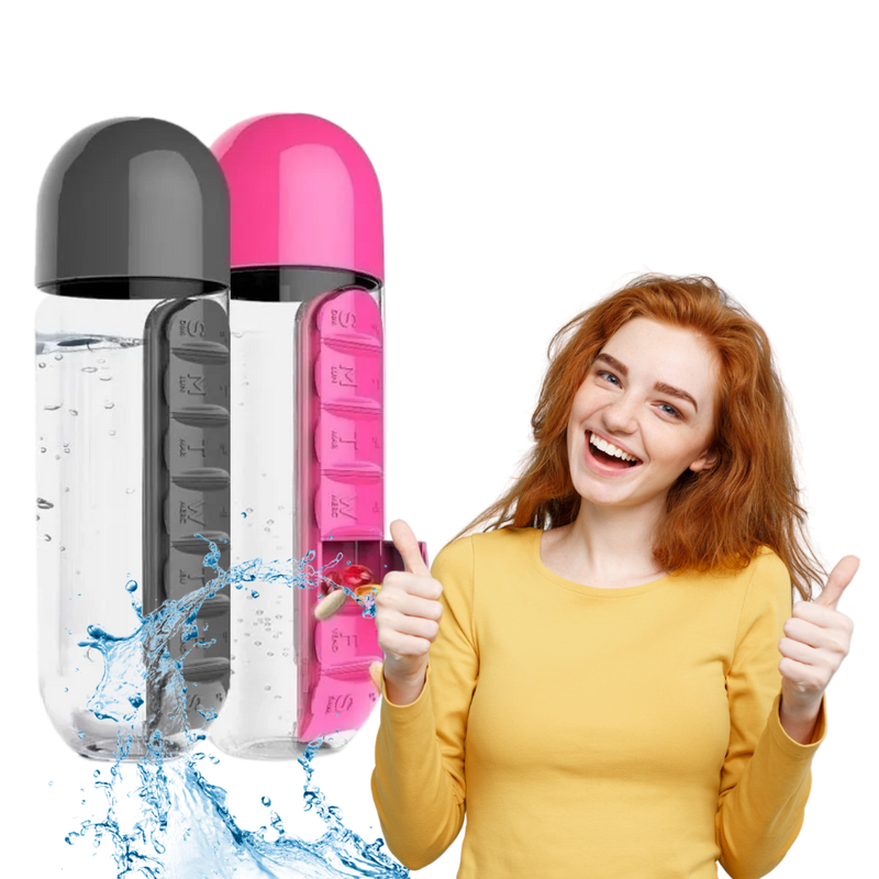 Plastikwasserflasche mit Pillendose