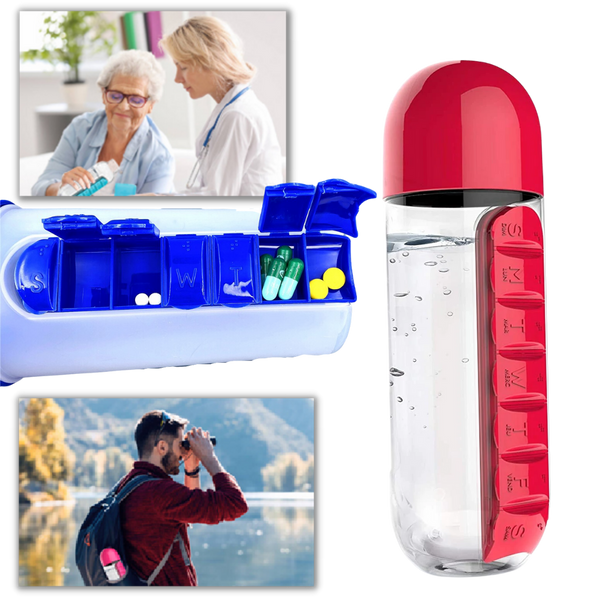 Plastikwasserflasche mit Pillendose